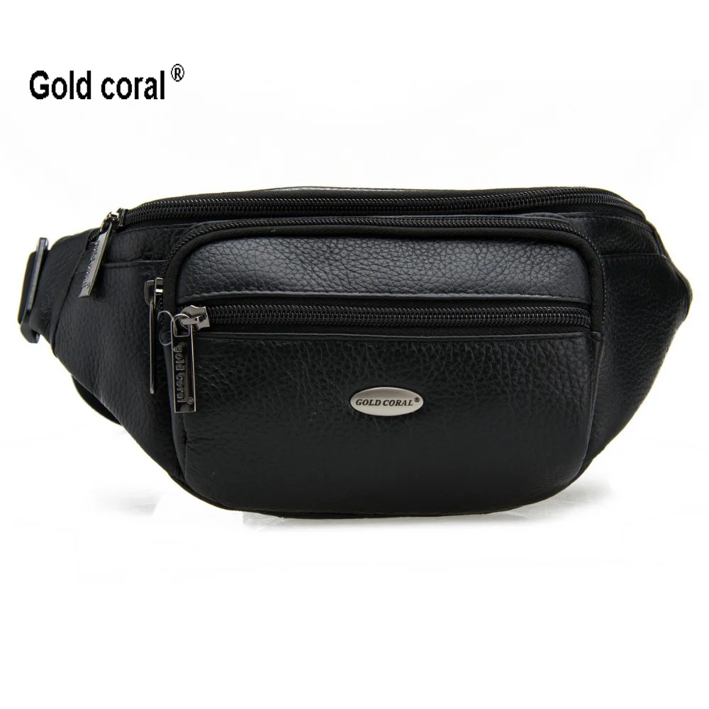 Поясная Сумка из натуральной кожи золотистая/Коралловая мужская