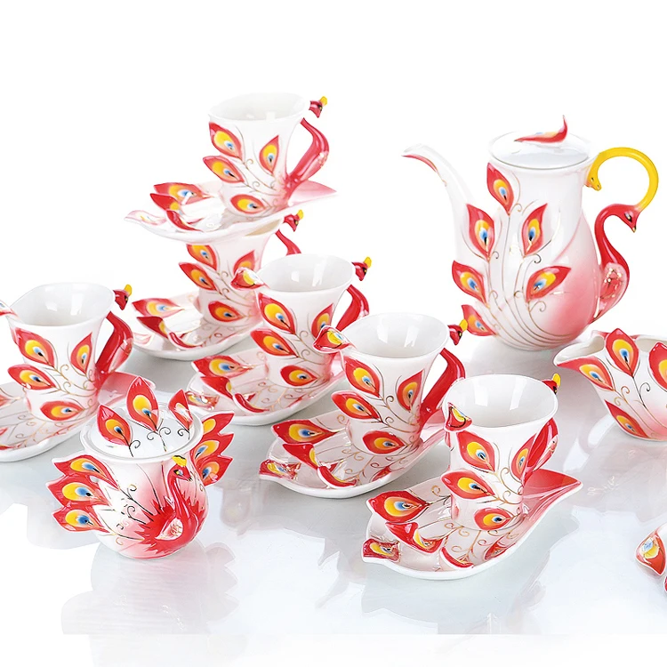 Фарфоровая эмалированная посуда для напитков [набор из 21 шт. 6 чашек + блюд ложек 1