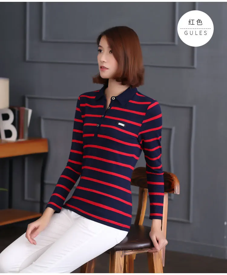 Женская хлопковая рубашка поло в полоску с отложным воротником|women polo shirt|shirt womenpolo