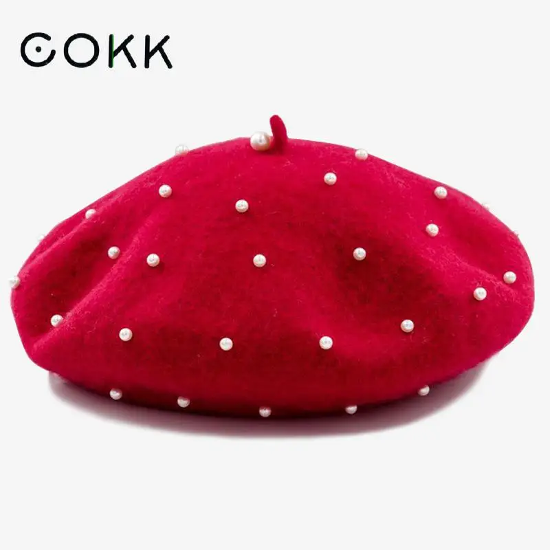 Шерстяной берет COKK женские зимние шапки с имитацией жемчуга и бусинами для