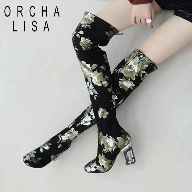 

Orcha lisa Brand over the knee boots women floral style autumn winter thigh high boots clear heel shoes woman botas botte