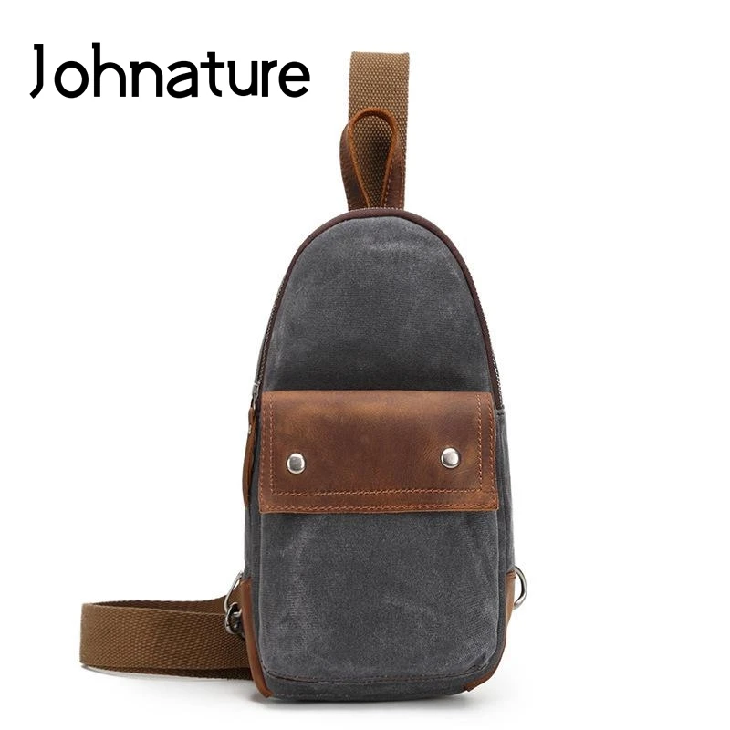 

Johnature 2021 New Vintage Men Leisure Chest Bags Handmade Canvas Solid Color Zipper Waterproof Wear Resistant Crossbody Bags