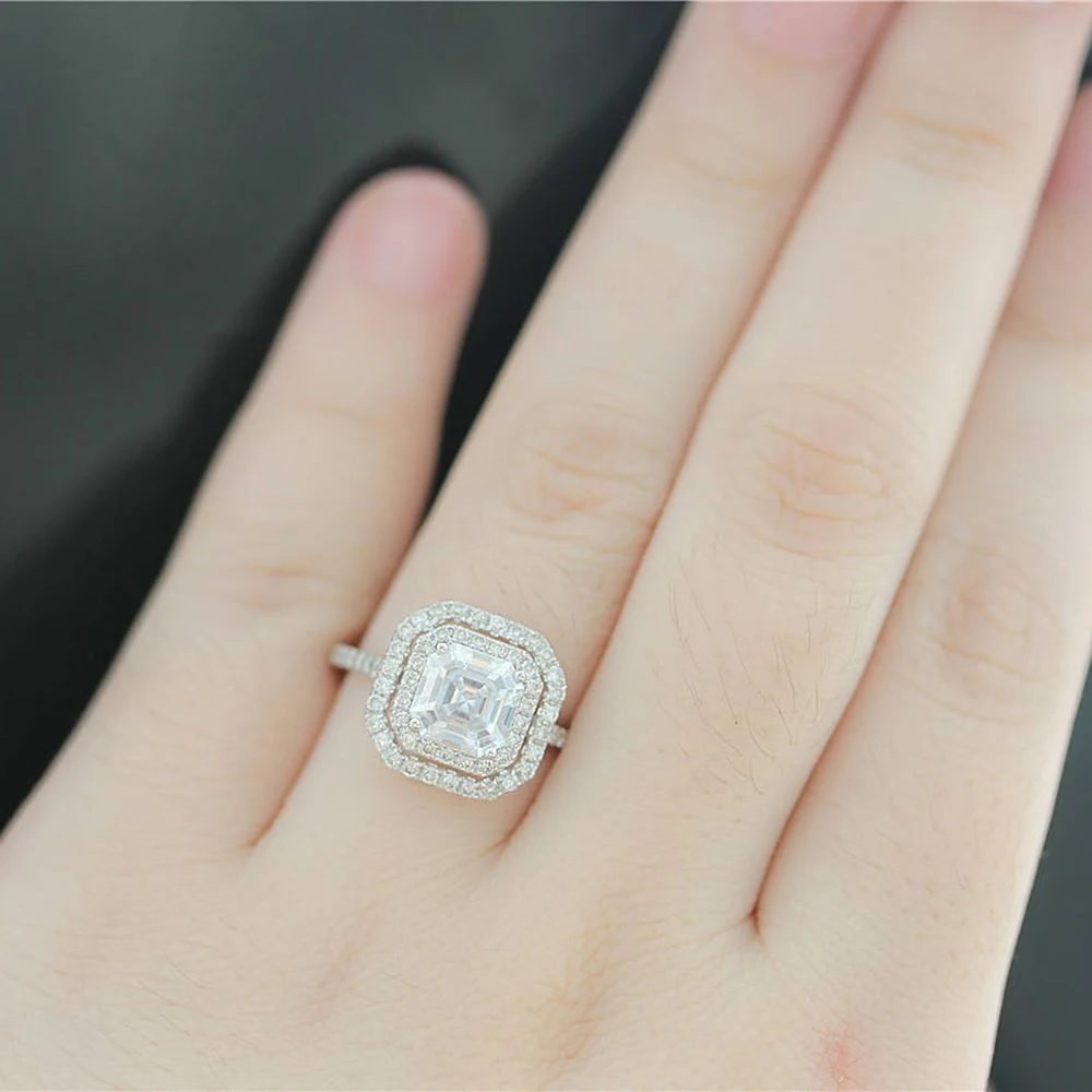 3 Carat Asscher Moissanite Ring Test Positive Brilliant Cut Lab Grown Diamond Solid 14K White Gold Engagement Rings Halo | Украшения и
