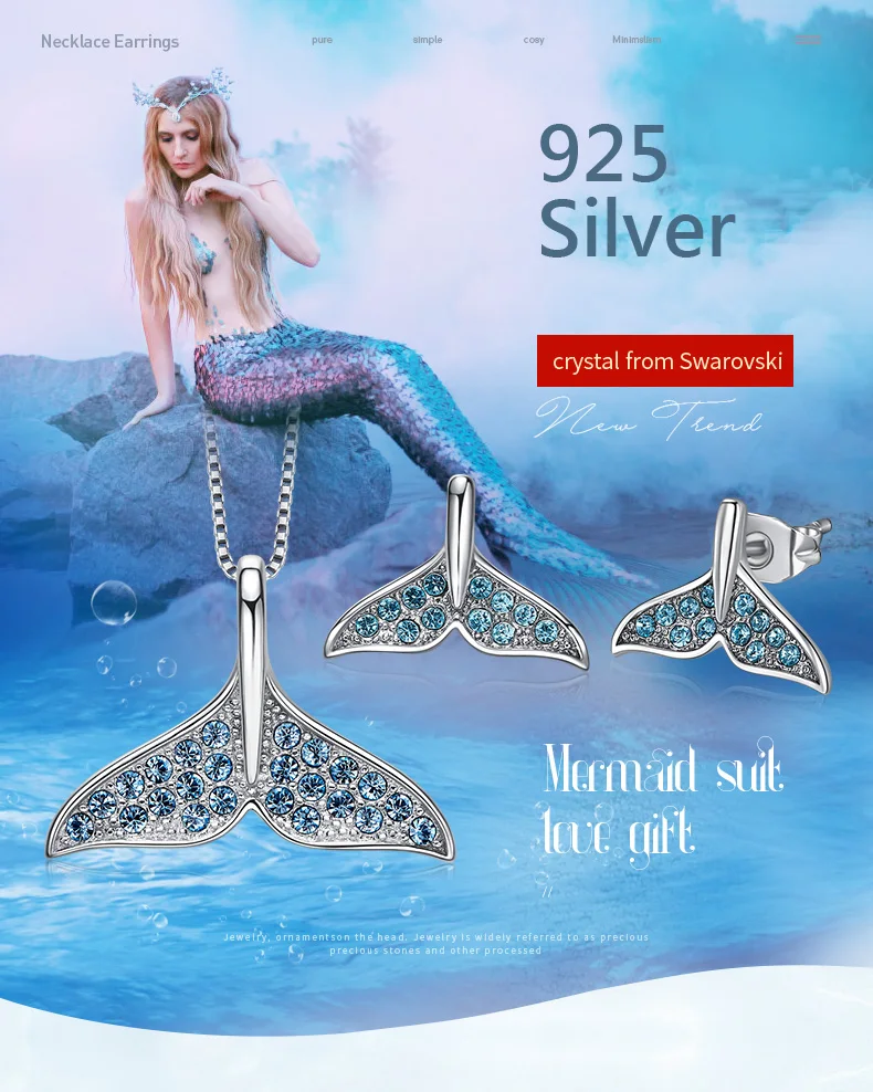 CDE 925 серебряные ювелирные изделия Русалка украшенные кристаллами от Swarovski ожерелье серьги ювелирный набор Parrure Bijoux Femme