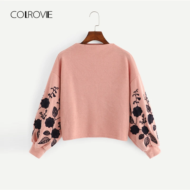 COLROVIE, Розовый пуловер с цветочным принтом и спущенными плечами, укороченная Женская толстовка с вышивкой, зима, осенние корейские офисные толстовки