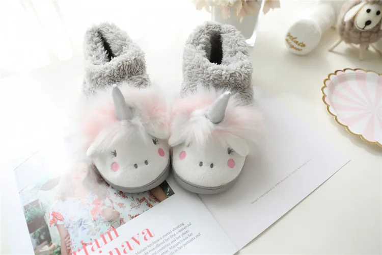 ASILETO Winter cartoon unicorn slippers fur Cotton shoes indoor floor lovely slippers Fluffy slip on cozy size 35-40 Pantoufle