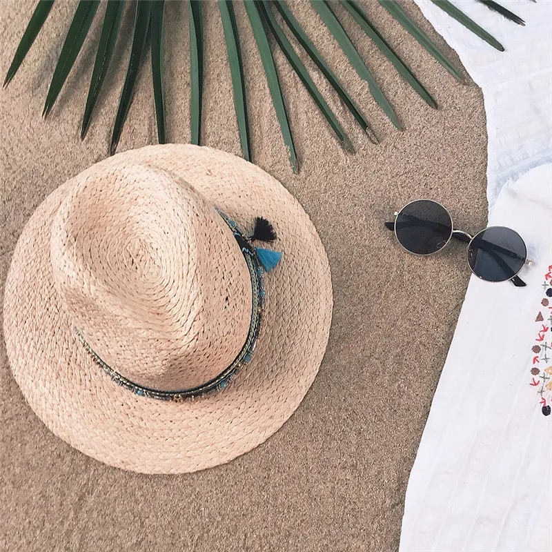 Женская панама шляпа женская летняя широкая пляжный навес Солнцезащитная 100% Raffia