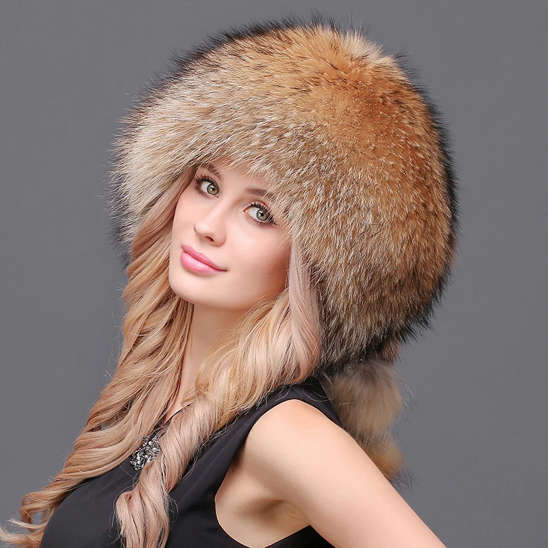 Women Winter Real Natural Fur Silver Red Fox Hat With Pom Pom Fox Tail Lady Winter Warm Hats Soft Hairy Cap