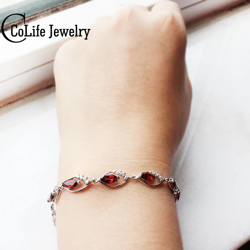 

2017 new summer fashion silver bracelet 8 pcs natural garnet bracelet solid 925 silver gemstone bracelet for evening party