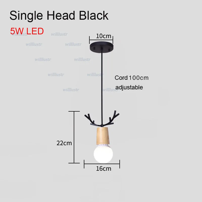 Single Head Black Деревянный светодиодный подвесной светильник с железными рогами для кафе, бара, ресторана, отдыха, пекарни, кухни, столовой, головы оленя, подвесной светильник в стиле арт-деко - Цвет корпуса: Single Head Black