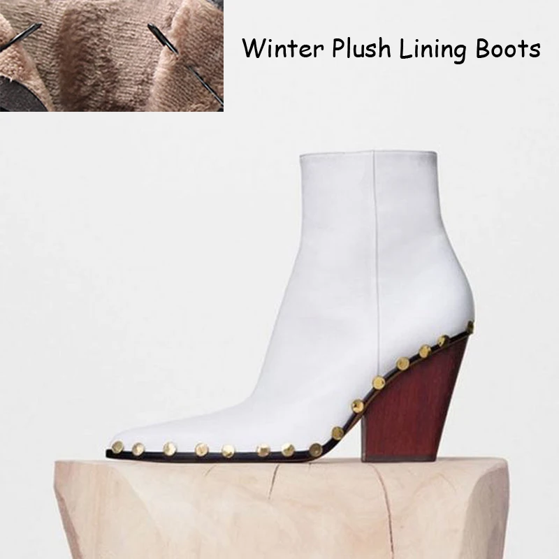 Winter White Boots Baimier Ботильоны из натуральной кожи для Для женщин Элитный бренд цвета: золотистый, с заклепками, на высоком каблуке Для женщин ботинки Теплый плюш женские зимние ботинки - Цвет: Winter White Boots