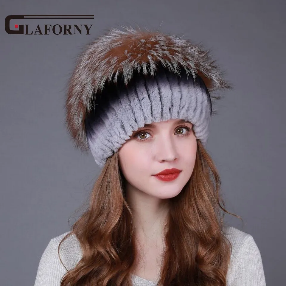 Женские зимние меховые шапки Glaforny теплые из меха кролика рекс с помпонами енота