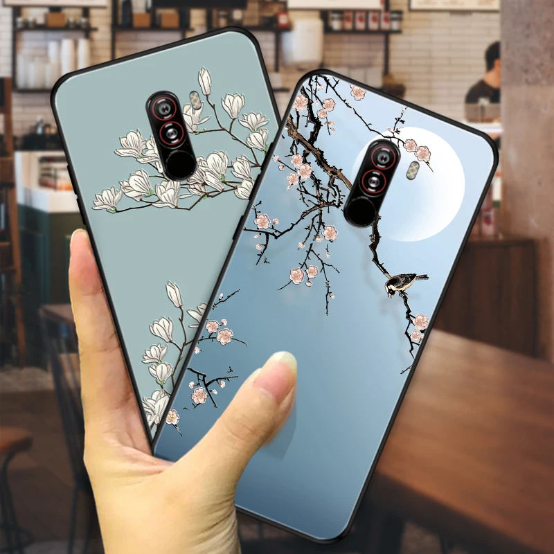 Chinese style retro case FOR pocophone f1 Relief cover embossed POCO F1 Magnolia Lotus Plum blossom flower |