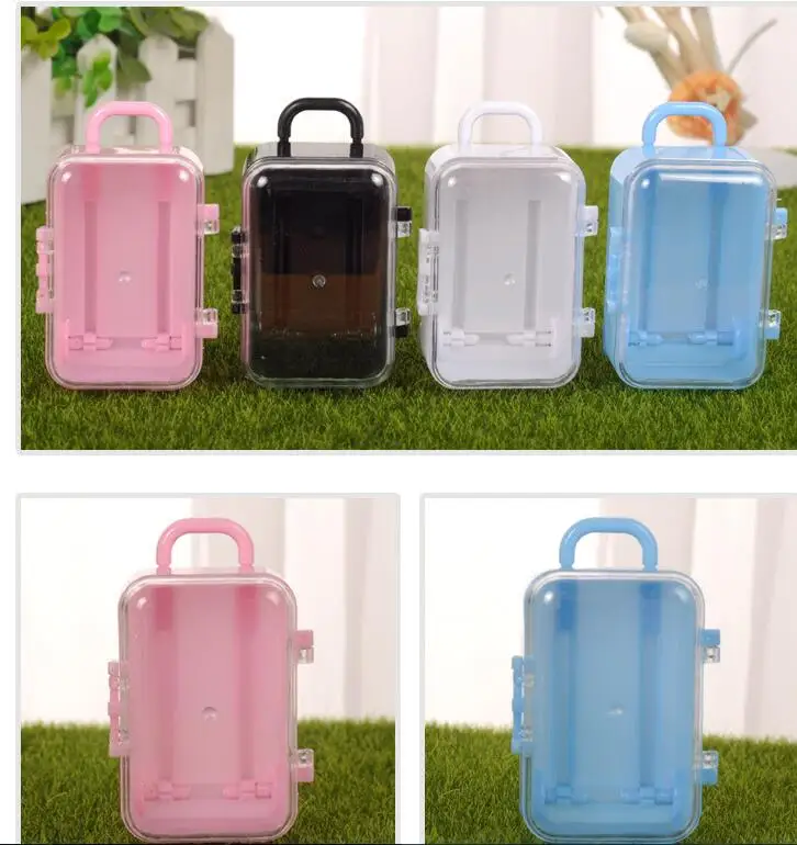 

FREE SHIPPING 100PCS Clear Mini Rolling Travel Suitcase Favor Box Wedding Favors Party Reception Candy Package Baby Shower Ideas