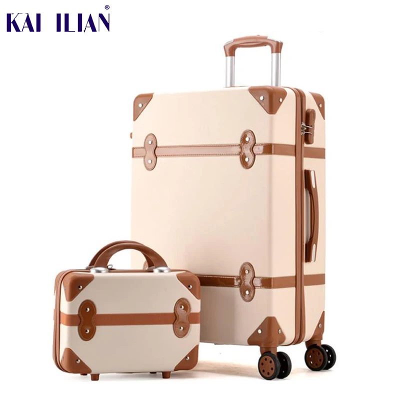 Luggage women hard retro rolling luggage set trolley baggage with cosmetic bag vintage suitcase for girls 20