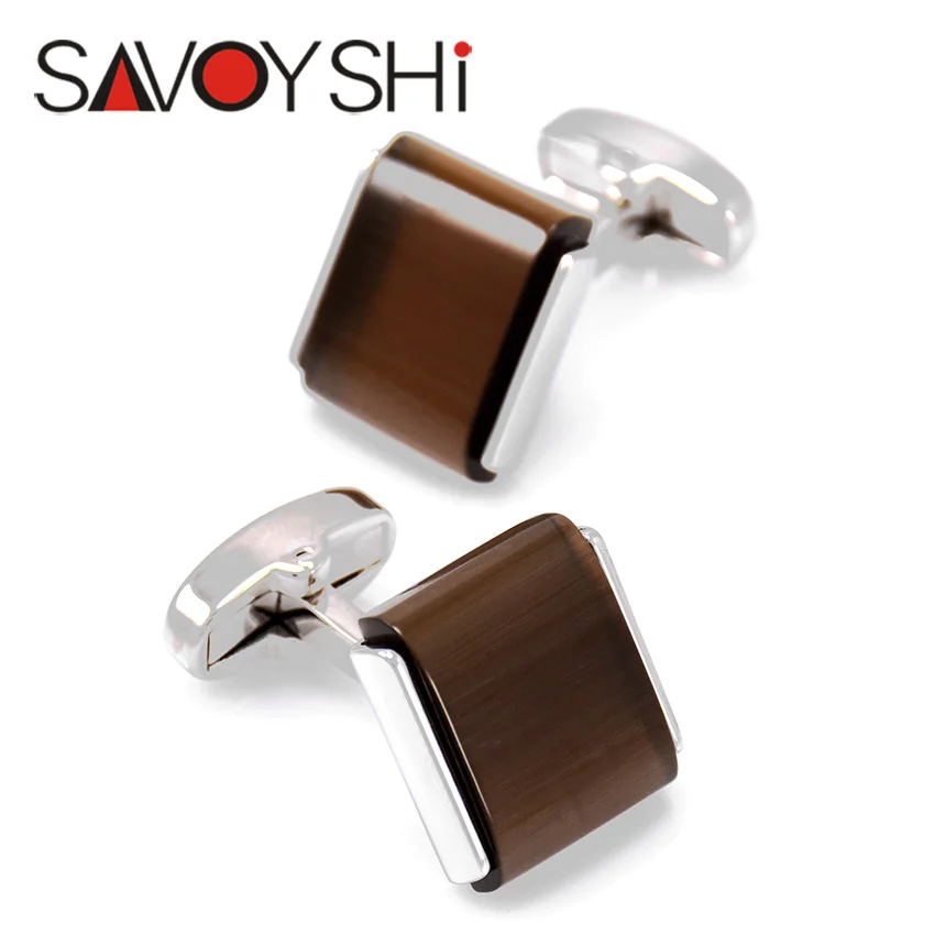 

SAVOYSHI Shirt Cufflinks for Mens High Quality square brown Stone Cuff Links Brand Jewelry Special Gift Free Engraving Name