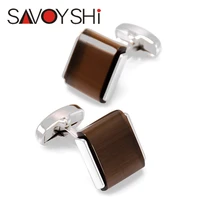 savoyshi shirt cufflinks for mens high quality square brown stone cuff links brand jewelry special gift free engraving name
