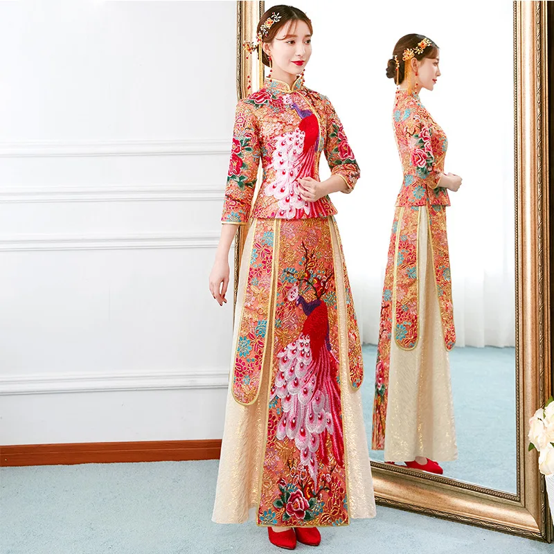 Китайский традиционный Cheongsam изысканной вышивкой Свадебные Винтаж шоу на сцене Костюмы элегантный Ципао вечернее платье комплект