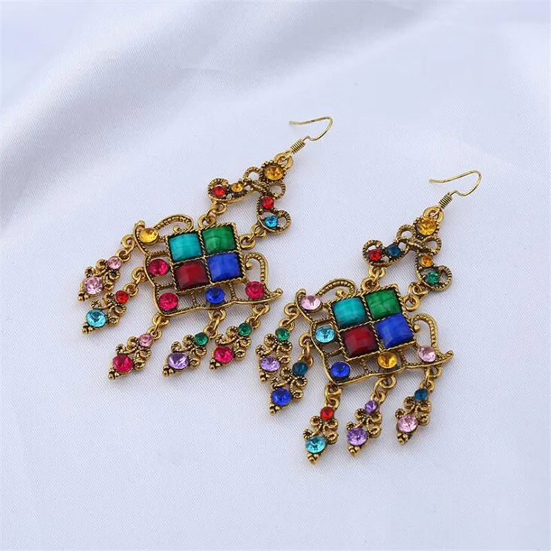 Fashion Colorful Hollow Flower Big Rhinestone Drop Earrings For Women Chic Statement Jewelry Retro Gold Color Crystal Earring | Украшения и
