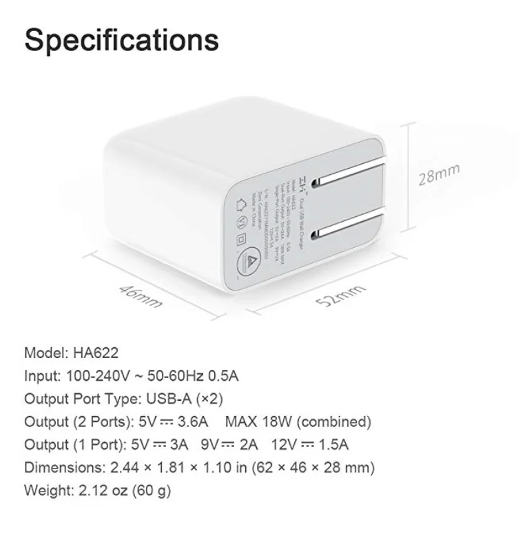 ZMI HA622 V2 Зарядное устройство настенный адаптер, складная зубчатая дорожная вилка настенное зарядное устройство с 2 портами usb