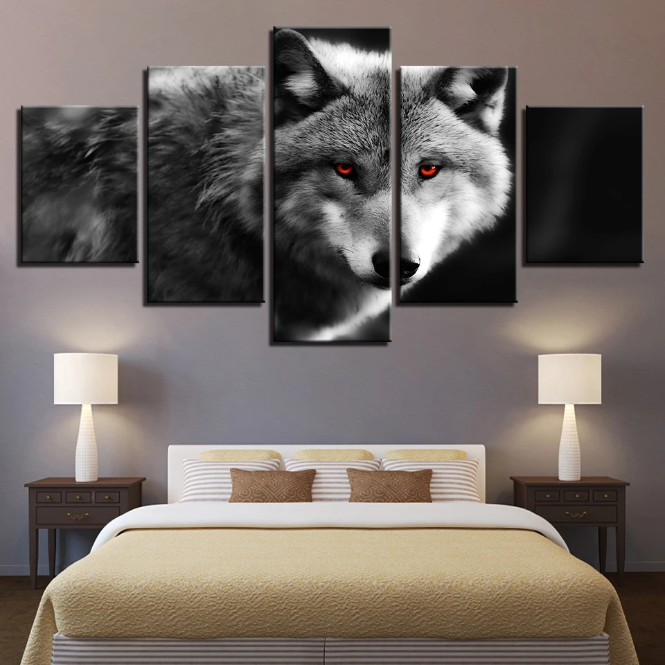 

Canvas Posters For Living Room Home Decor Framework 5 Pieces Red Eyed Wolf Paintings Modular HD Prints Animal Pictures Wall Art