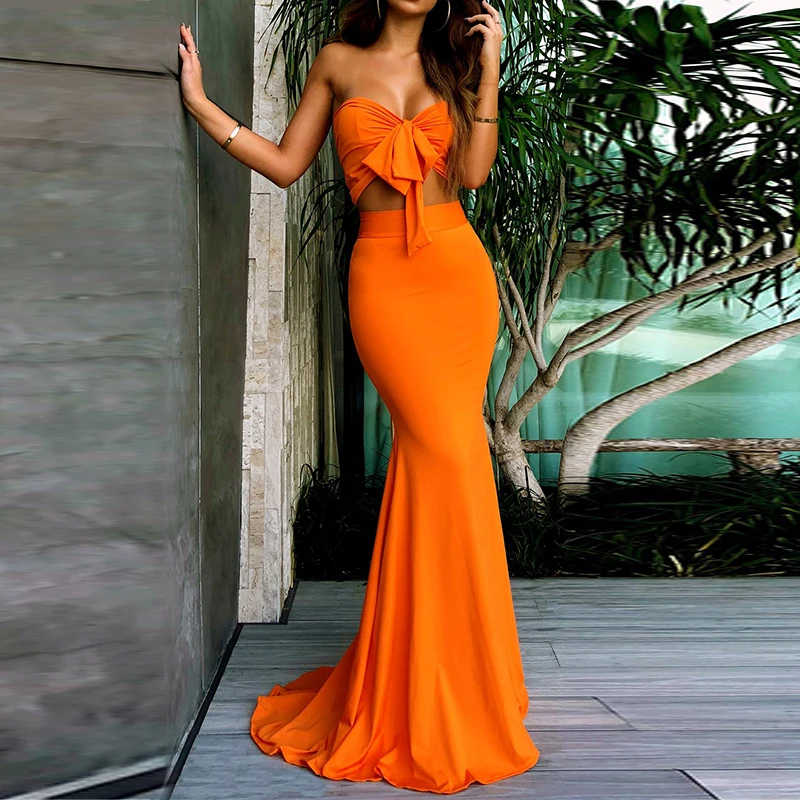Women Suits bow knot Sleeveless Bodycon Summer two piece set Beach Holiday Lady Orange | Женская одежда