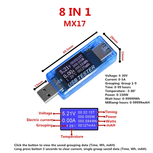 MX17 Модернизированный Version8/9/10 в 1 QC2.0 3,0 4-30 Ватт Электрический Мощность USB Ёмкость Напряжение тестер Измеритель величины тока монитор вольтметр Амперметр - Цвет: MX17