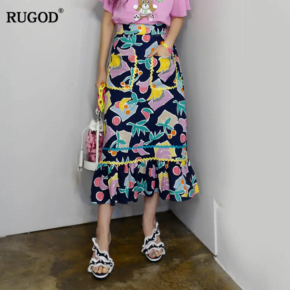 picture color RUGOD, Новое поступление, Женская юбка с цветочным рисунком, высокая талия, карманы, а-силуэт, тонкая юбка, милый озорной фруктовый узор, хлопок, Modis Mujer - Цвет: picture color