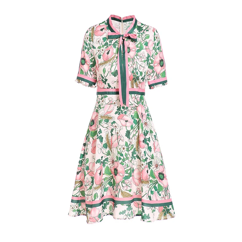 

PERHAPS U Pink Flower Print Mini Short Dress Summer Lace-up Bow Collar Zipper Short Sleeve D1637