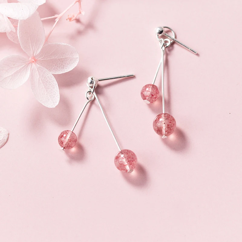 

MloveAcc Hot Sale 925 Sterling Silver Hanging Pink Strawberry Crystal Drop Earrings for Women Sterling Silver Jewelry Gift