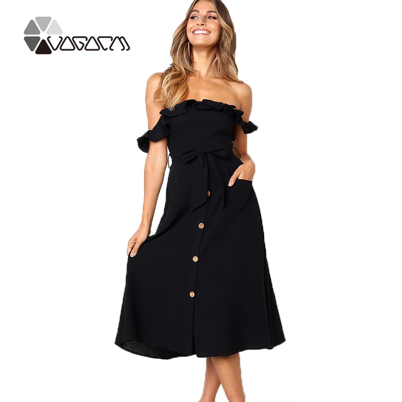 2019 Сексуальное женское платье с открытыми плечами и рюшами Элегантное Черное
