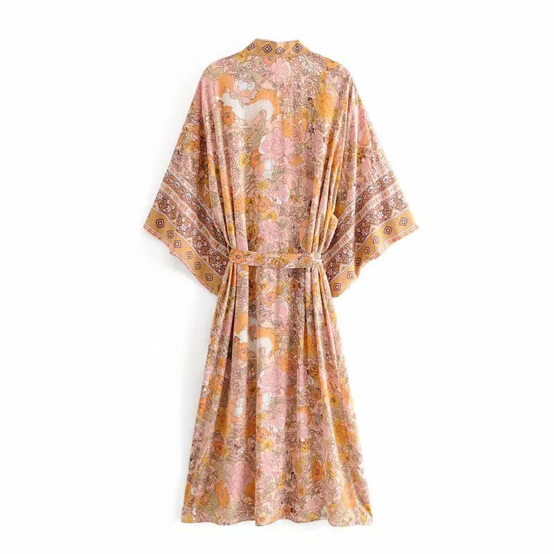 2019 Bohemian Horse Flower Print Long Kimono Shirt Ethnic New Women Lacing up Bow Sashes Cardigan Loose Blouse Holiday Tops | Женская