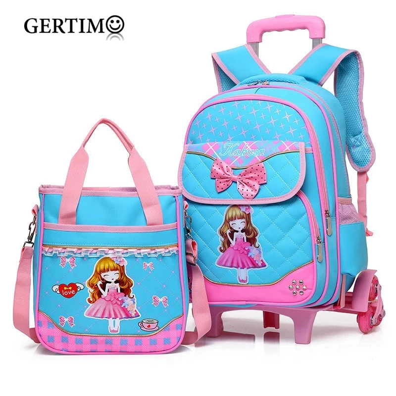 Fashion 2pcs set school backpacks 6 wheels children school bags for girls handbag waterproof cute kids travel trolley bookbag