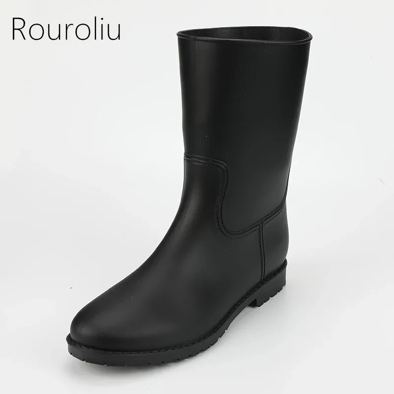 Rouroliu/женские непромокаемые резиновые сапоги осень зима нескользящая обувь до