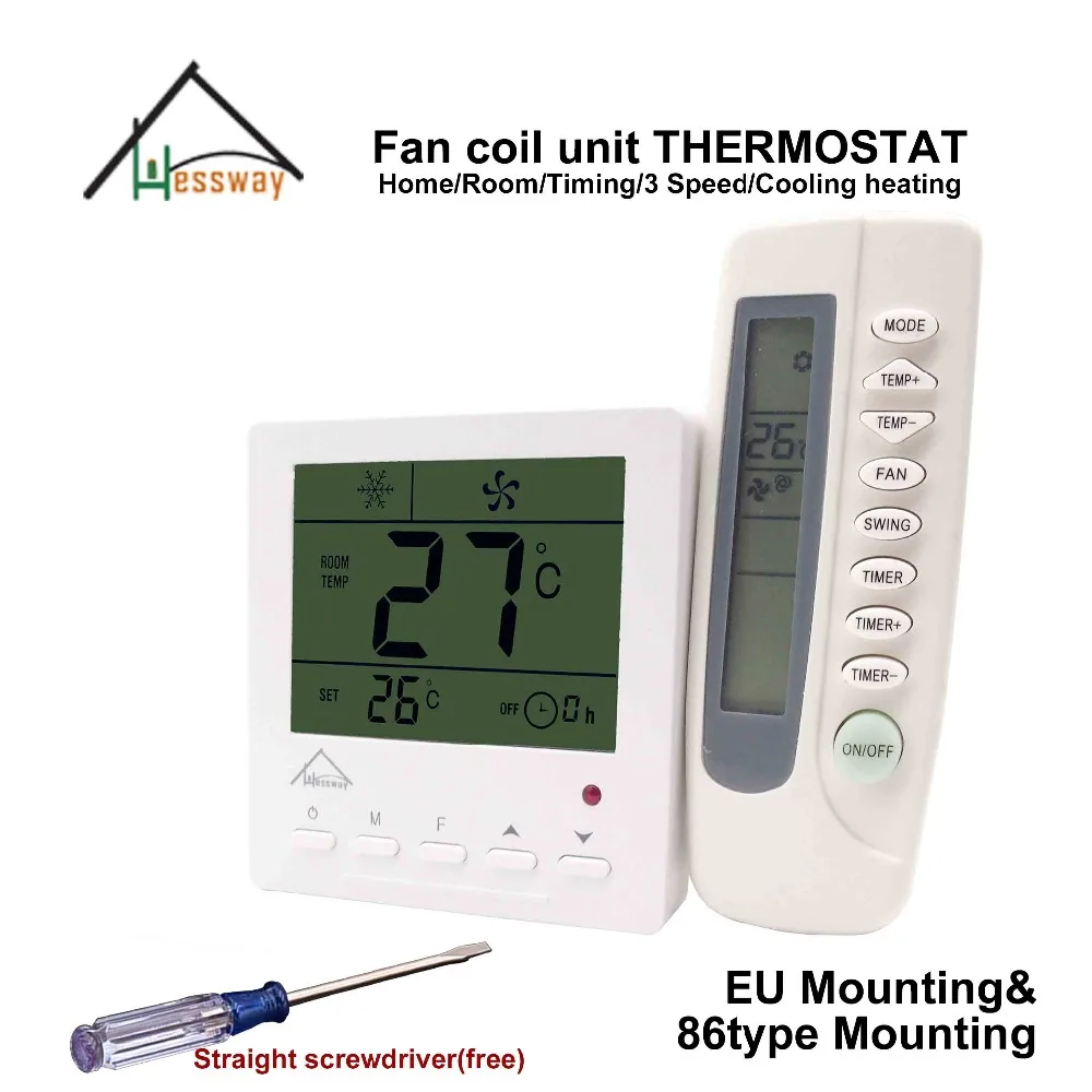 

HESSWAY EU 86MM mount remote control room THERMOSTAT regulator 220v with fan control 40 degrees temperature switch