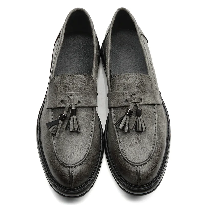 Grey M-anxiu Korean Style Vintage Tassel Fringe Leather Shoes Men Casual Loafers Night Club Party Flat Shoes Gift for Boyfriend - Цвет: Grey