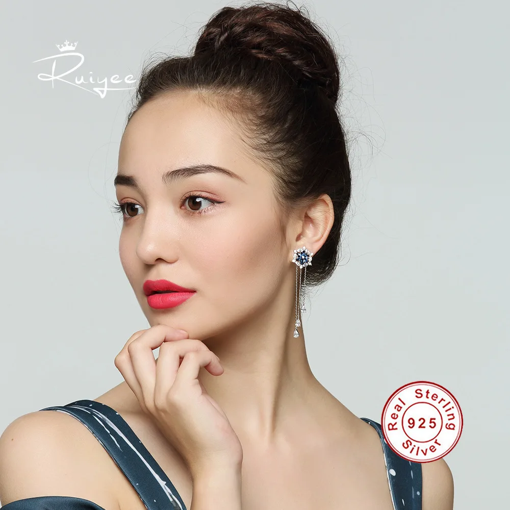 RUIYEE Роскошные серии цветок бахромой циркон серьги темперамент ретро 925 пробы