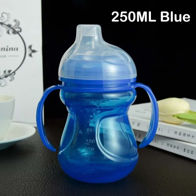 250ml Handle Blue 250 мл, детская чашка с ручкой, деликатный мягкий носик, для детей, для обучения питьевой воде, молочный фруктовый сок, чашка, Детские тренировочные чашки - Цвет: 250ml Handle Blue