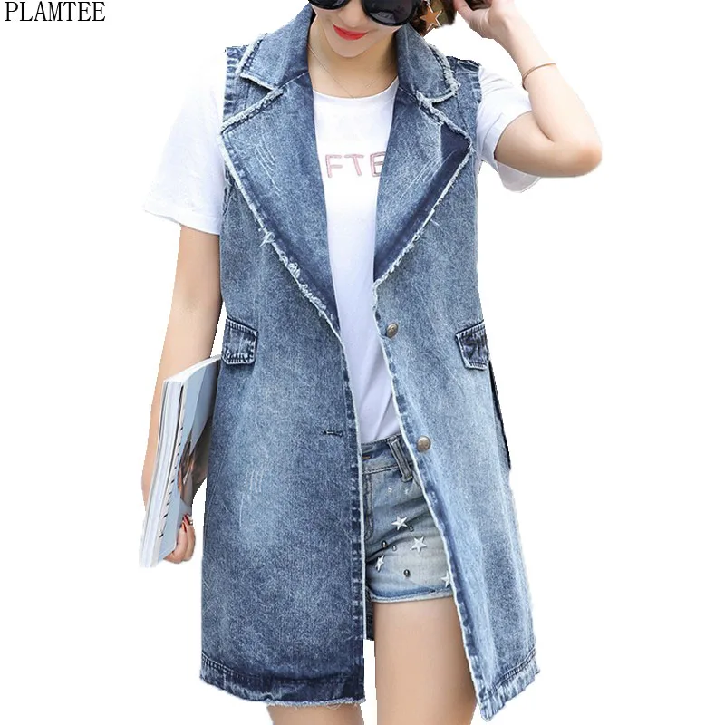 PLAMTEE без рукавов Длинный джинсовый жилет для женщин большой размеры Кардиган