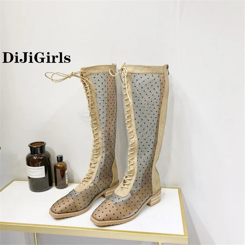 DiJiGirls/Летняя модная обувь из сетчатого материала; ботинки с высоким голенищем; женские босоножки; удобные ботинки; женская обувь для торжеств на каблуке с перекрестной шнуровкой