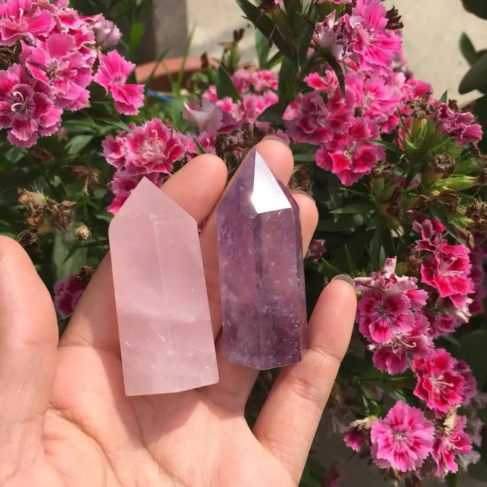 

2pcs natural mineral rose,amethyst quartz Crystal gemstone point obelisk meditation reiki healing crystal wand home decor