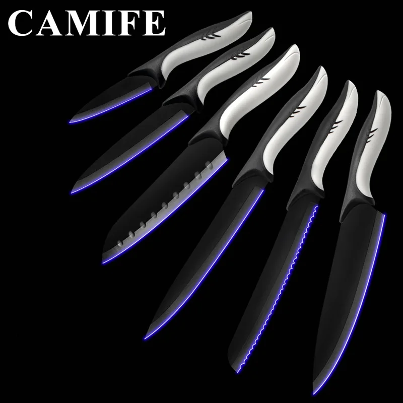 A.6 pcs set Черный кухонный инструмент для ножей набор столовых приборов из нержавеющей стали держатель ножей для фруктов утилита сантоку шеф-повара нож для нарезки хлеба дропшиппинг - Цвет: A.6 pcs set