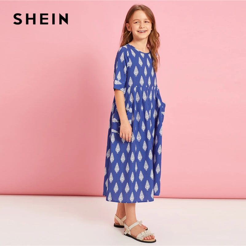 SHEIN Kiddie/синее боховая туника в полоску с карманами спереди и растениями, платье года, летние праздничные длинные платья с короткими рукавами и высокой талией