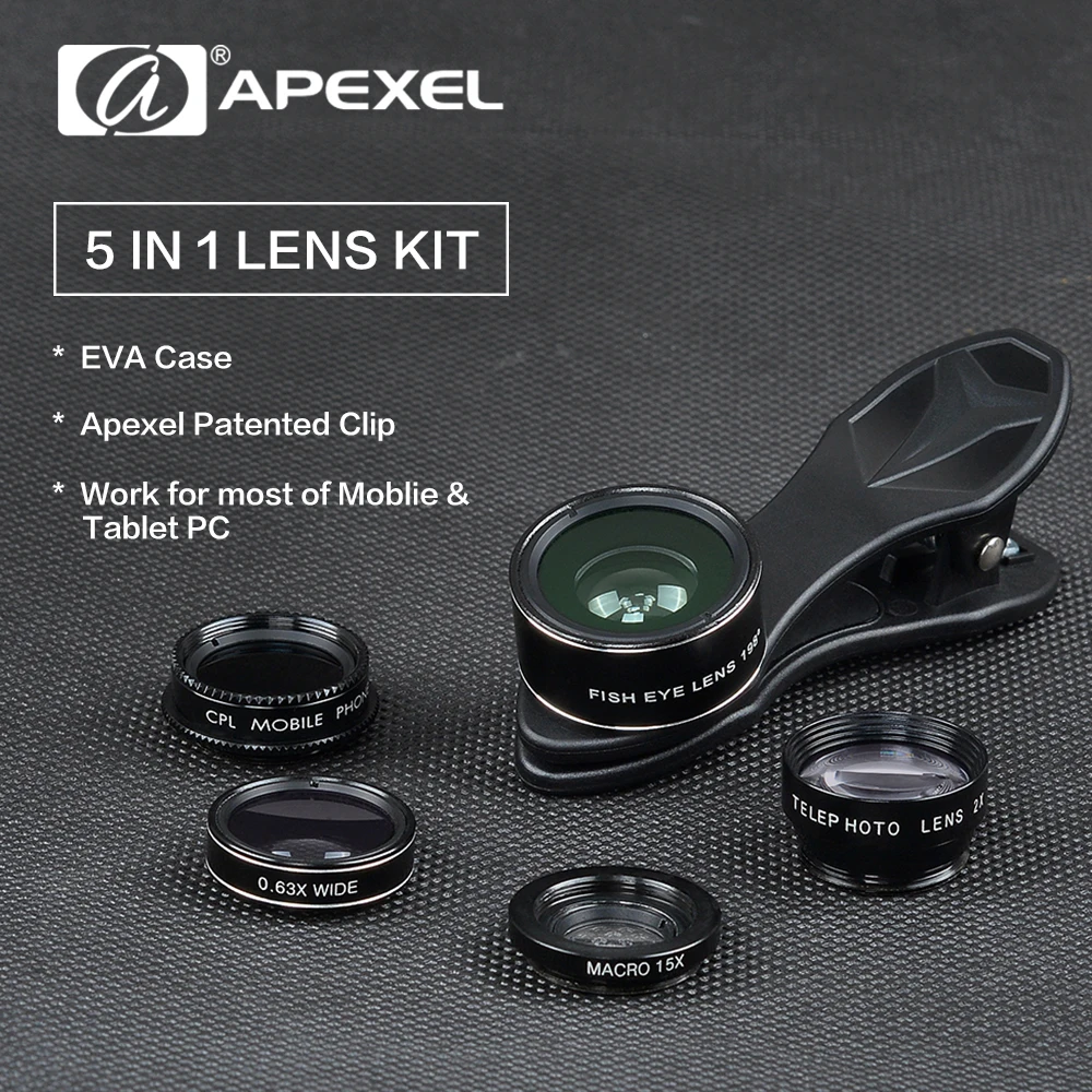 APEXEL HD смартфон объектив Наборы 5in1 для iPhone htc HUAWEI samsung Galaxy S7/S7 край S6/S6Edge Fisheye лен