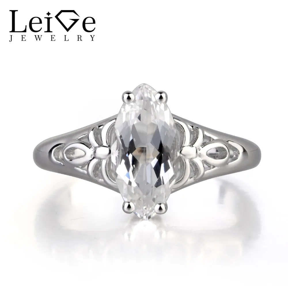 

LeiGe Jewelry Natural White Topaz Gemstone Marquise Cut Prong Setting Solitaire Rings Trendy Gifts For Woman 925 Sterling Silver