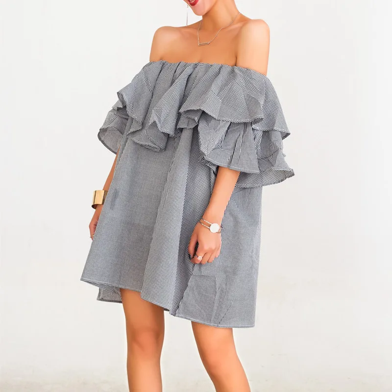 Платье Daily Apparel Women 2019 Fashion Designer Clothing Casual Summer Slash Ruffle Neck Off Shoulder A Line Plaid Beach Mini Dress.
