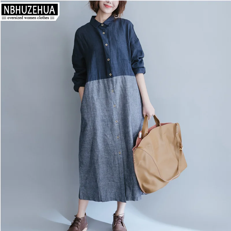 Женское винтажное платье-рубашка длинное платье из хлопка и льна с длинным