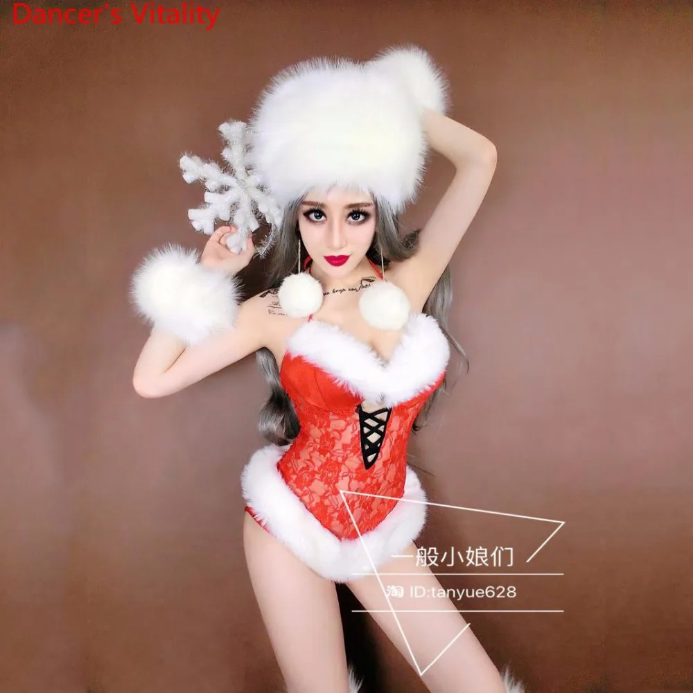 Nightclub Bar New Year DS Female Singer DJ Red White Fur Body Suit Performance Costume Pole Jazz Dancewear Set Clothes Outfits |