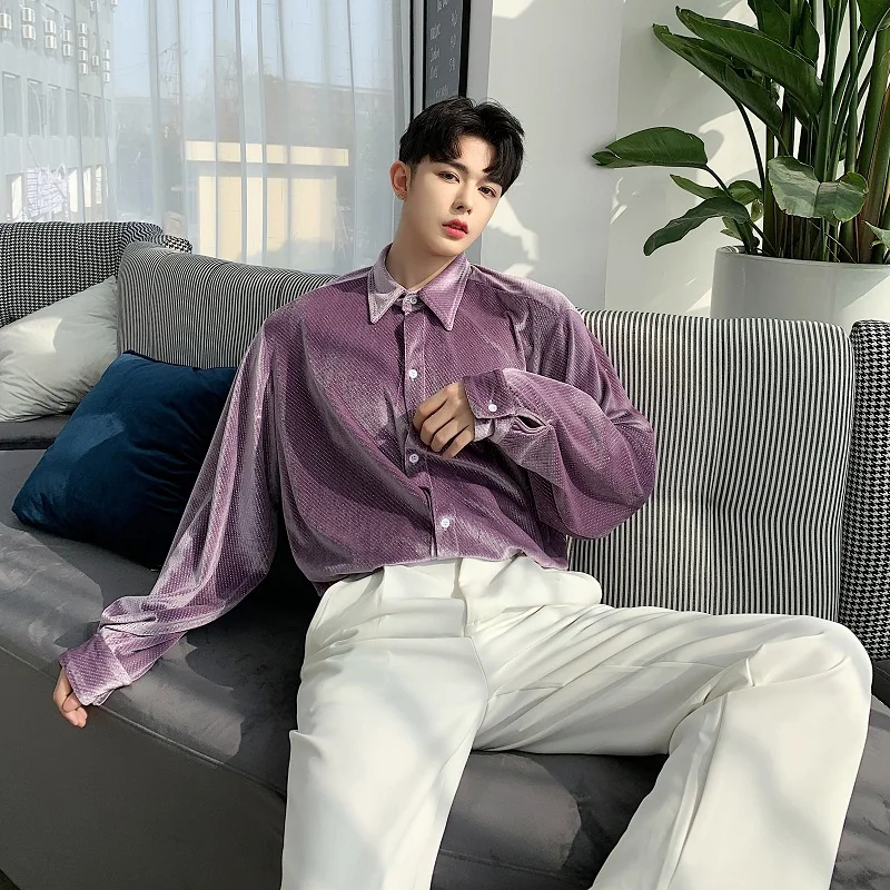 

Male Streetwear Hip Hop Pink Black Casual Shirt Men Velvet Shiny Loose Long Sleeve Shirt