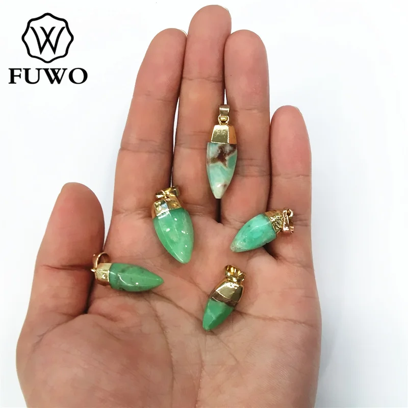 FUWO Chrysoprase Point Pendant With 24K Gold Electroplate Tiny Crystal Quartz Charm For Jewelry Making PD093 | Украшения и